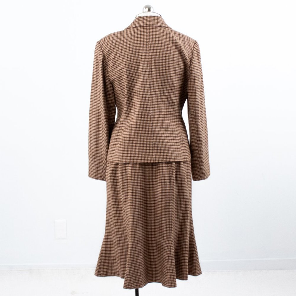 Vintage 90s M Wool Plaid Blazer Skirt Suit Brown - Picture 4 of 16
